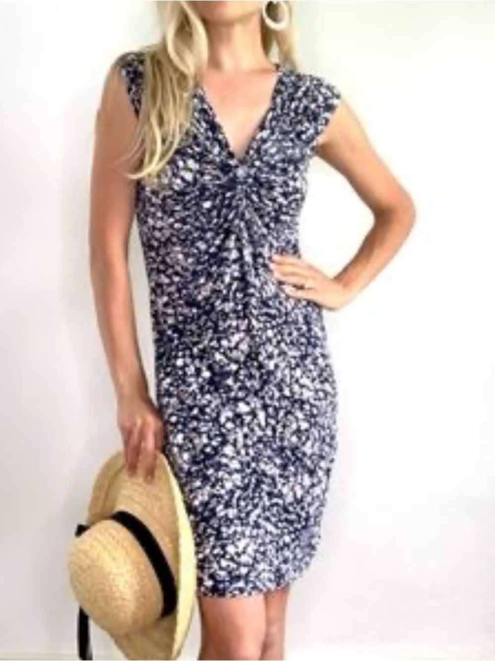 Michael Kors Navy & White Cap-Sleeve Twist Sheath Dress S